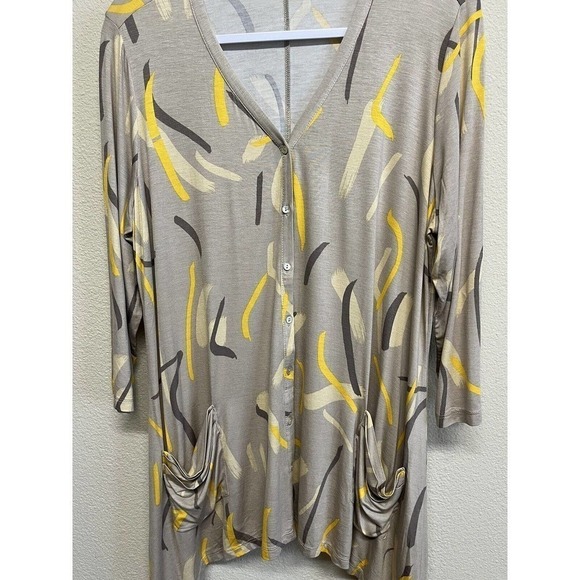 LOGO by Lori Goldstein Button Front Cardigan Pockets Size L Taupe 80's Graphic - Picture 9 of 12